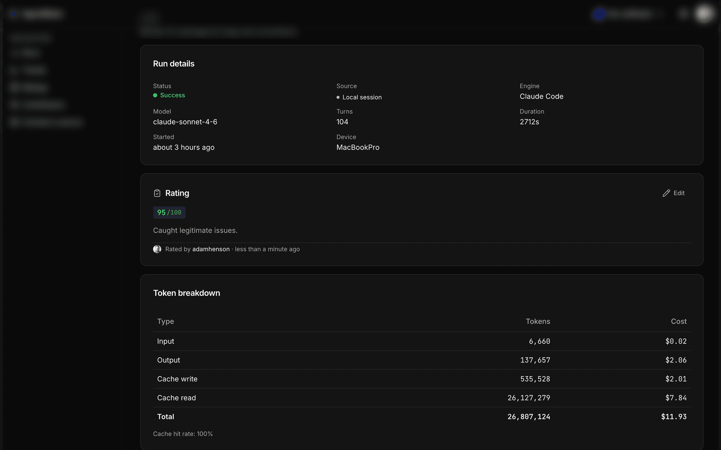 AgentMeter run detail page showing run metadata, status, cost, and quality rating